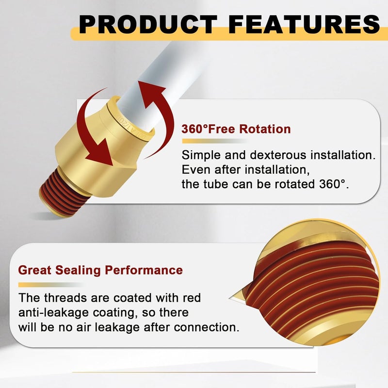 Siptenk 1/2" DOT Brass Push to Connect Air Line Fittings 5 PCS, 1/2" OD Tube x 1/4" NPT Thread Air Brake Line Quick Connect Fittings for Truck Trailers Industry Air System - Image 3